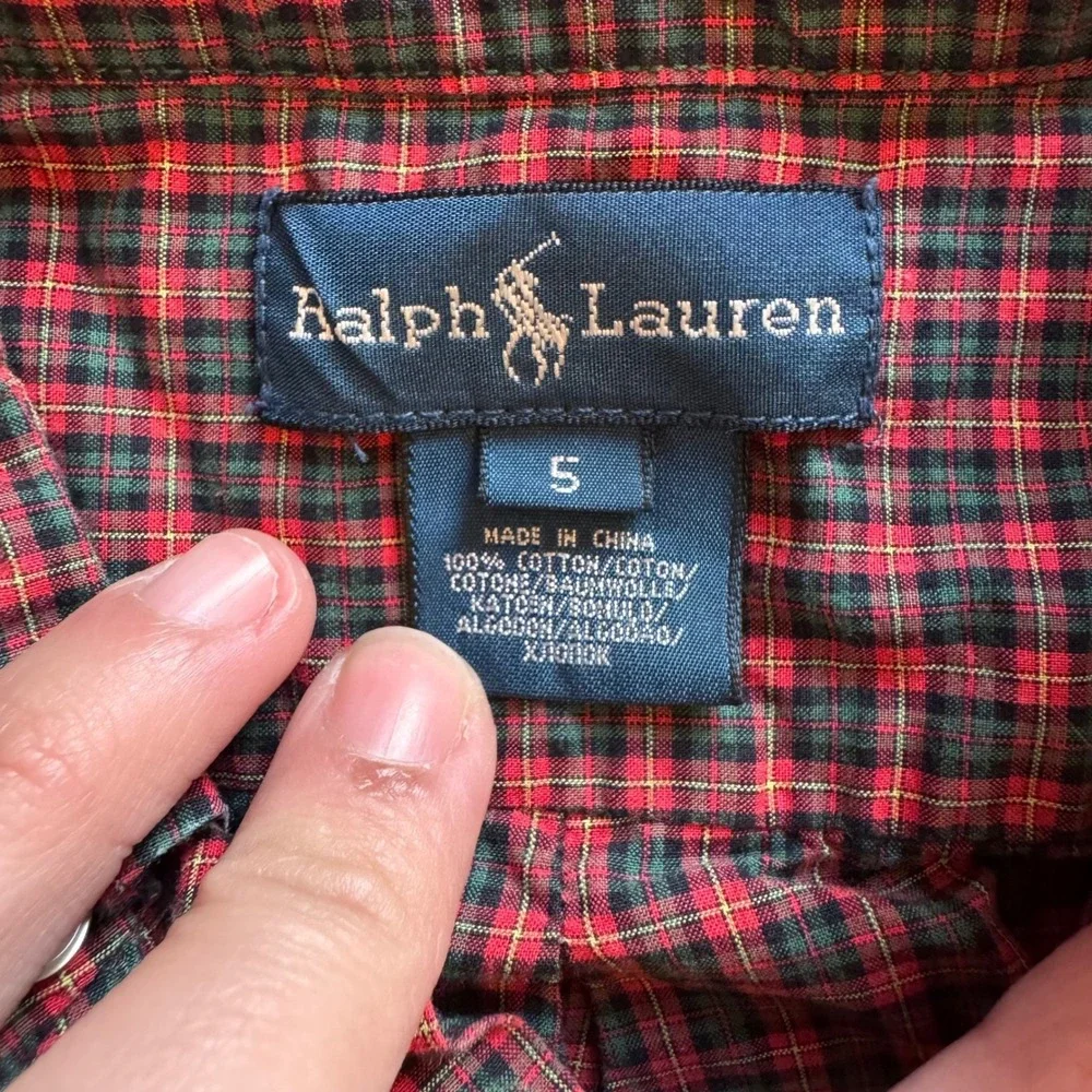 Ralph Lauren Kids Boys Red Green Plaid Button Down Shirt Size 5 Cotton Pony Logo
